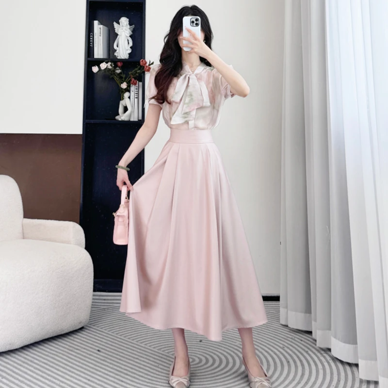 拉夏贝尔夏季青苍2025新款时尚气质印花短袖上衣+半裙 10325 LQC