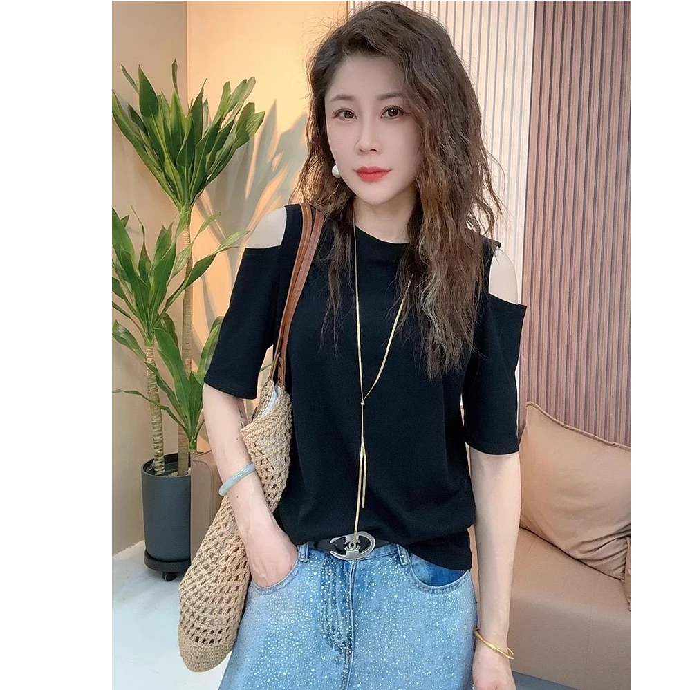 2025夏季新款时尚圆领露肩别致短袖T恤女装气质修身显瘦百搭上衣