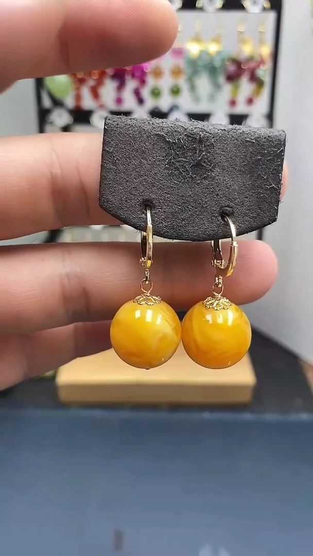 银S925镀金镶嵌蜜蜡耳饰尺寸16mm耳扣06