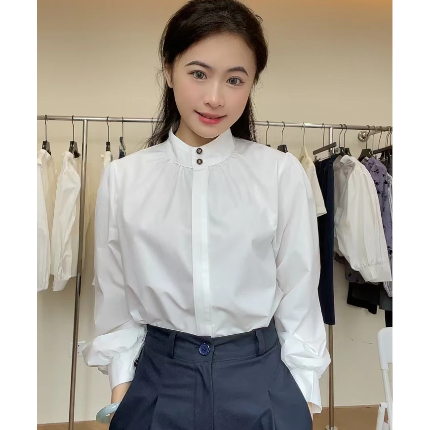 013 春季长袖白色衬衣女2025新款别致设计感纯色衬衫