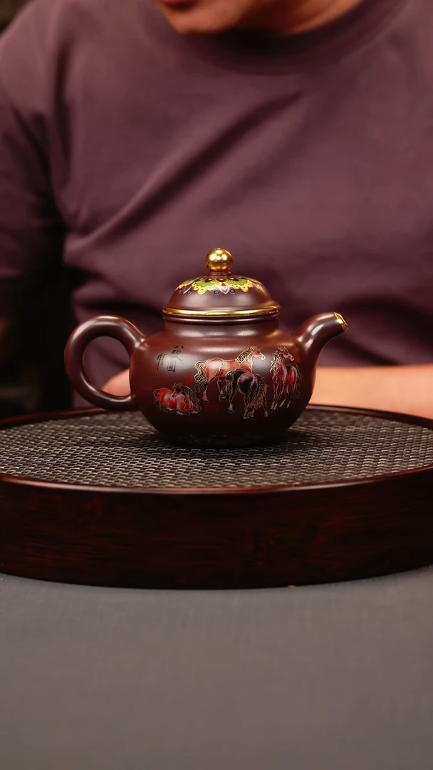 茶壶紫砂石红 掇球 八骏珐琅彩