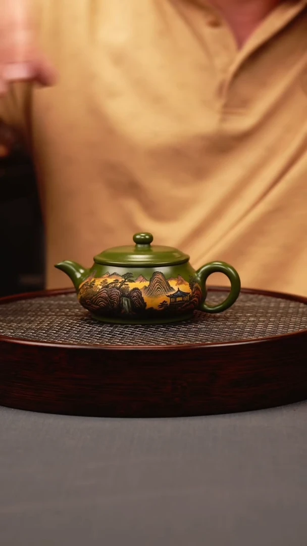 茶壶紫砂绿泥 明炉 彩刻山水