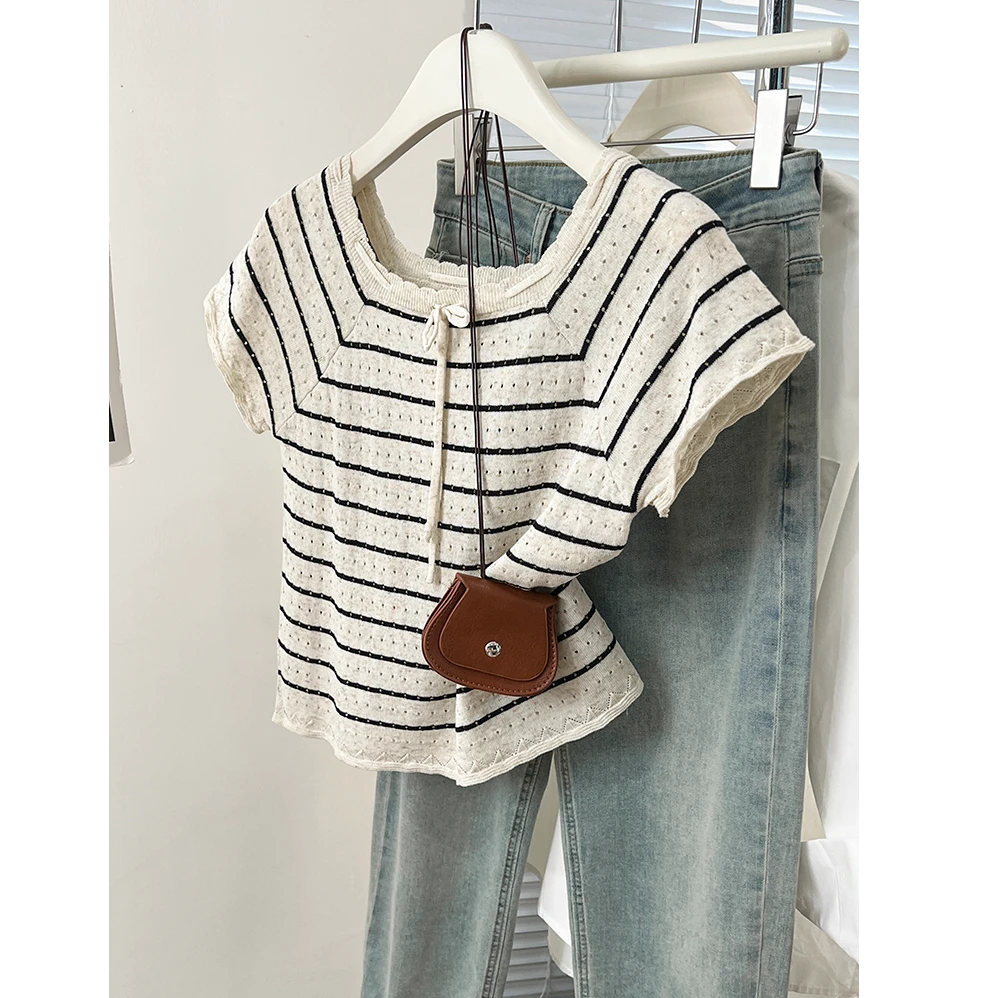 蝴蝶结条纹复古方领正肩针织衫短袖t恤女夏季设计感小众短款上衣