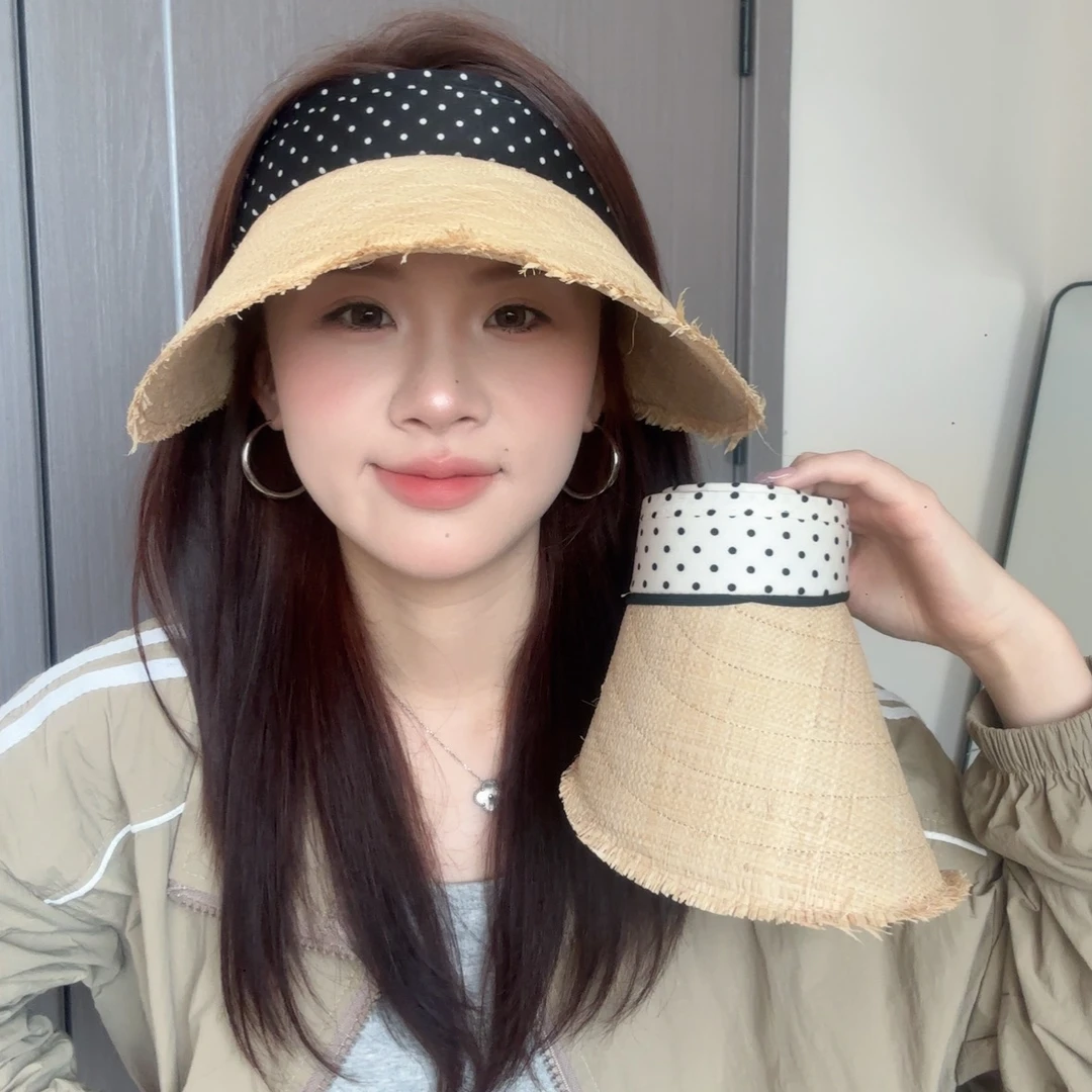 夏季新款草编波点空顶帽子女大帽檐遮阳防晒帽海边沙滩时尚百搭