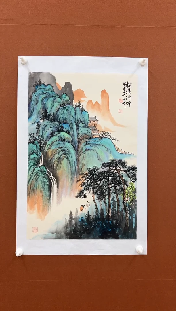 国画李文峰四尺三开重彩荷花