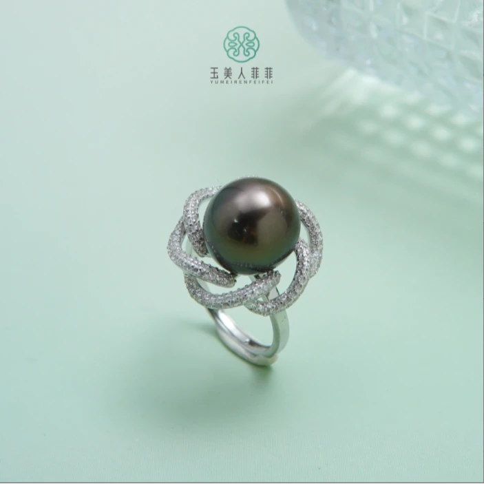 石惑珠宝·珍珠戒指-大溪地圆珠配镂空花托约13mm/-多样性发一