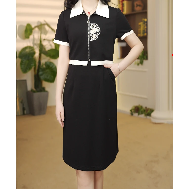 燕妮雅姿新中式国风Polo连衣裙子女洋气显瘦时尚休闲小黑裙L718