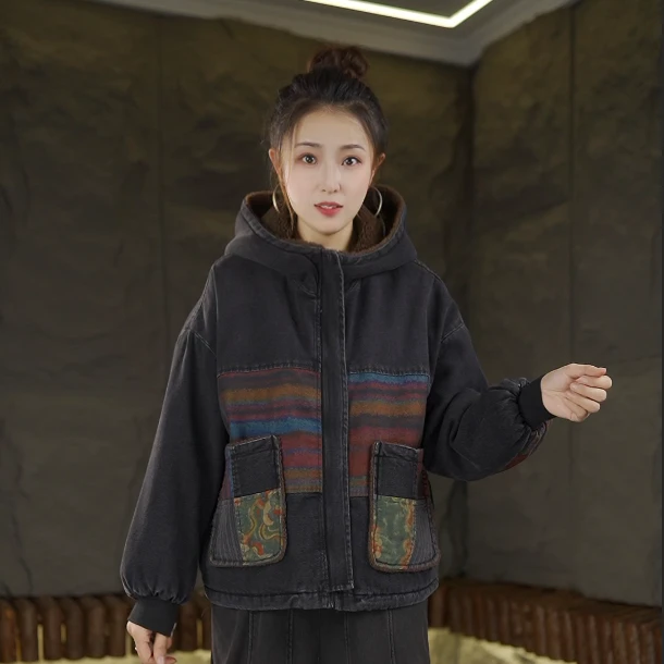 秋冬新款加绒加厚时尚复古连帽棉衣棉服拼色韩版牛仔外套2647