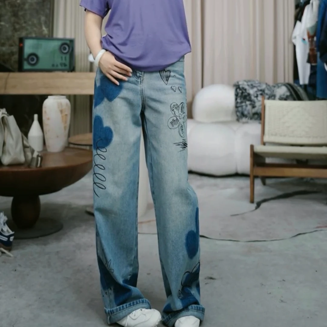 infobyfive2025夏季新款印花爱心花朵可爱牛仔裤NF0503009