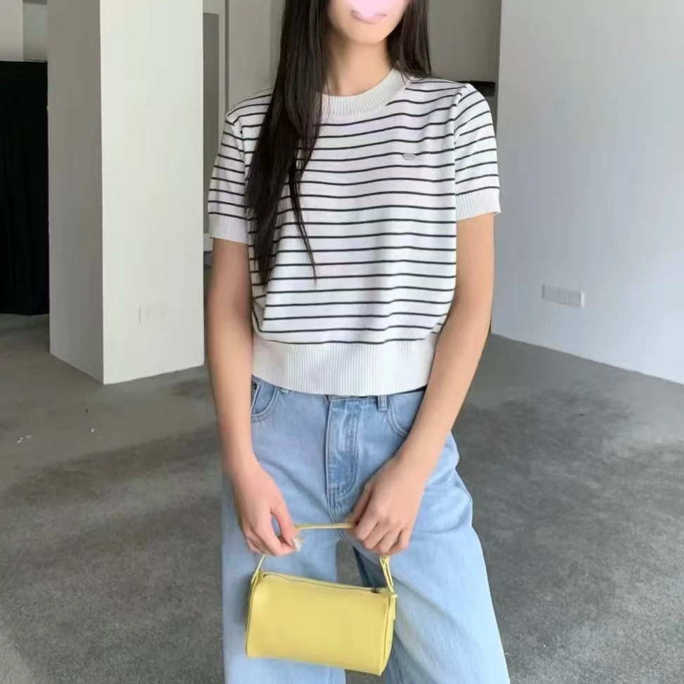 圆领显瘦横条纹宽松短袖针织衫夏新款正肩休闲百搭洋气上衣女t恤