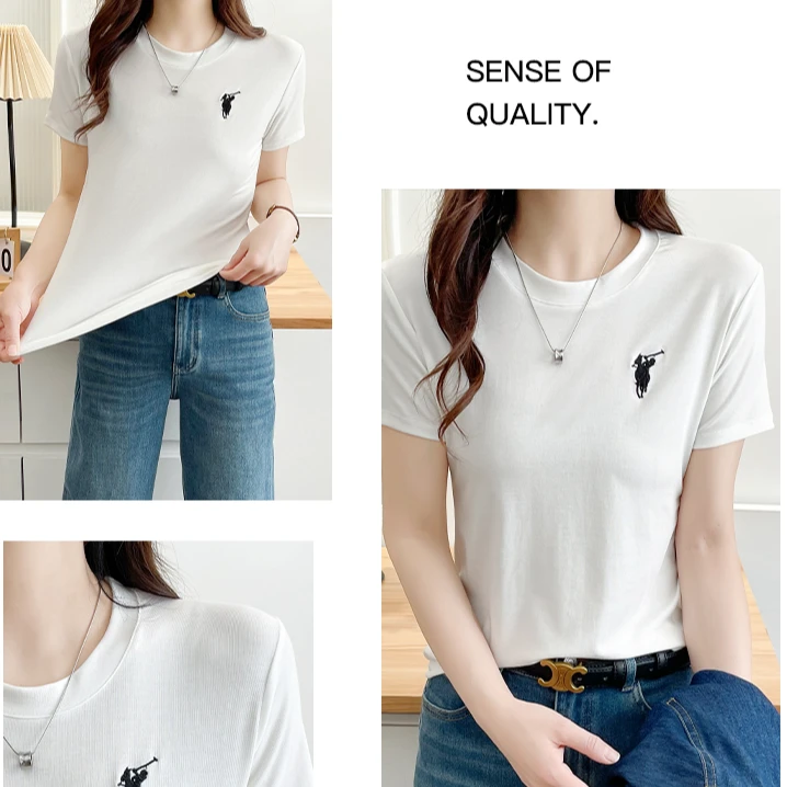 刺绣T恤白色莱赛尔冰感修身短袖显瘦时尚洋气百搭夏季圆领薄款