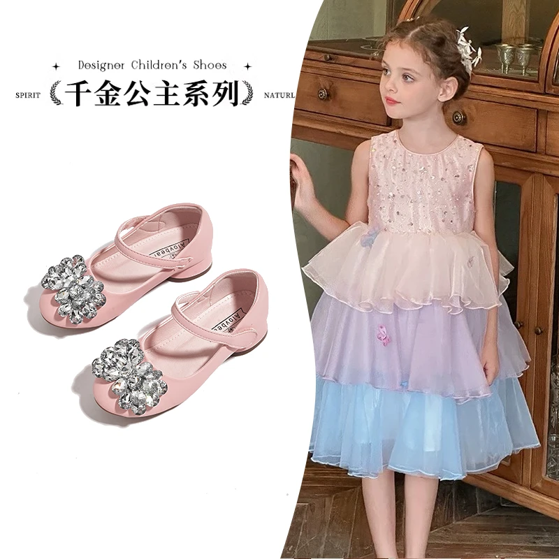 女童高跟公主鞋模特走秀演出皮鞋小女孩儿童礼服裙闪亮舞台水晶鞋