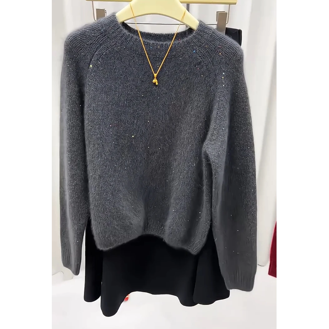 慵懒风纯色毛衣秋季女装2025新款套头圆领亮片设计感宽松显瘦上衣