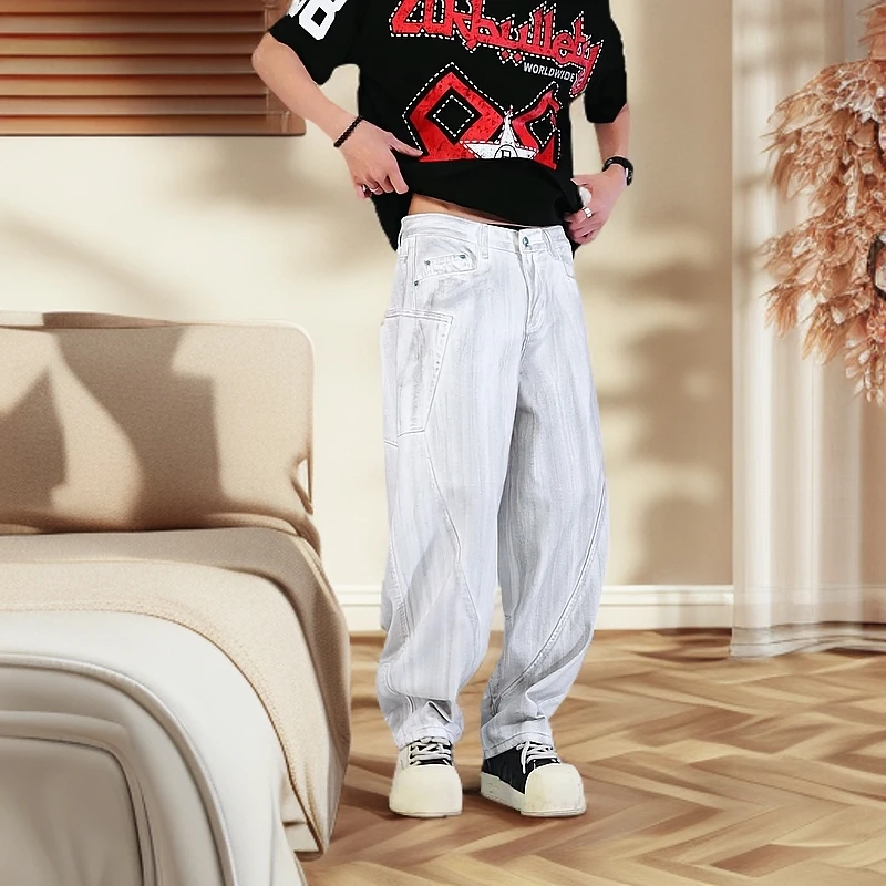 2025春季穿搭款高街宽松弯刀潮流裤子休闲白牛男女牛仔裤好帅涂层