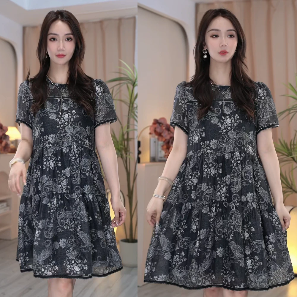 【OUSILI】高端透气宽松显瘦大码遮肉减龄显气质夏季连衣裙077B