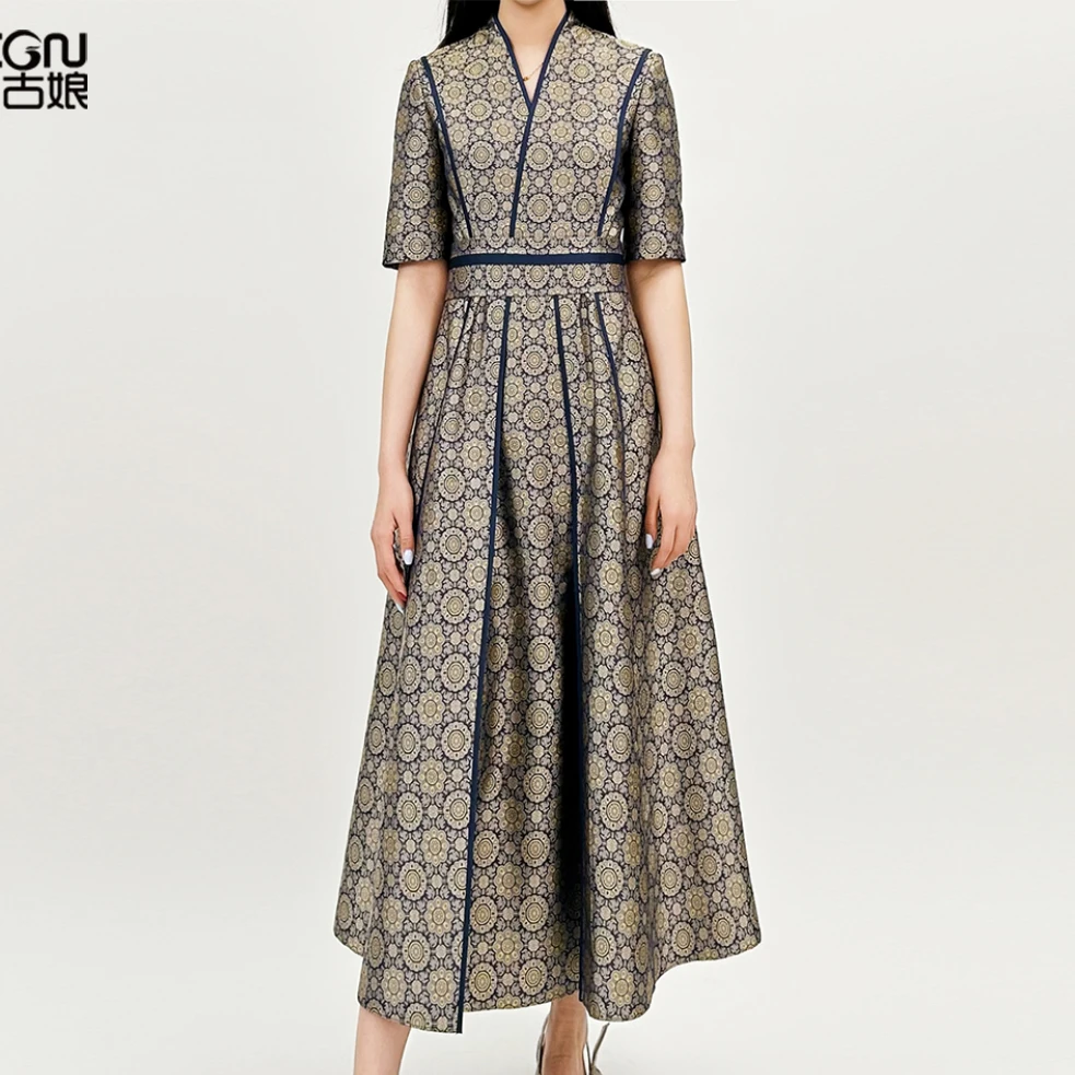 【大师系列】浒城古娘团花优雅宋锦气质显瘦女连衣裙HBSS050089