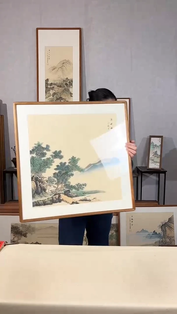 国画手绘*溪畔雅舍*62*62cm实木框