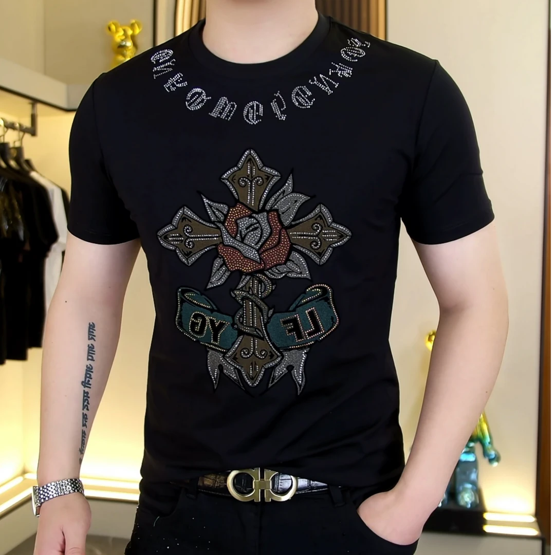 【阿东男装】25009男士夏季高品质时尚烫钻修身潮流个性短袖