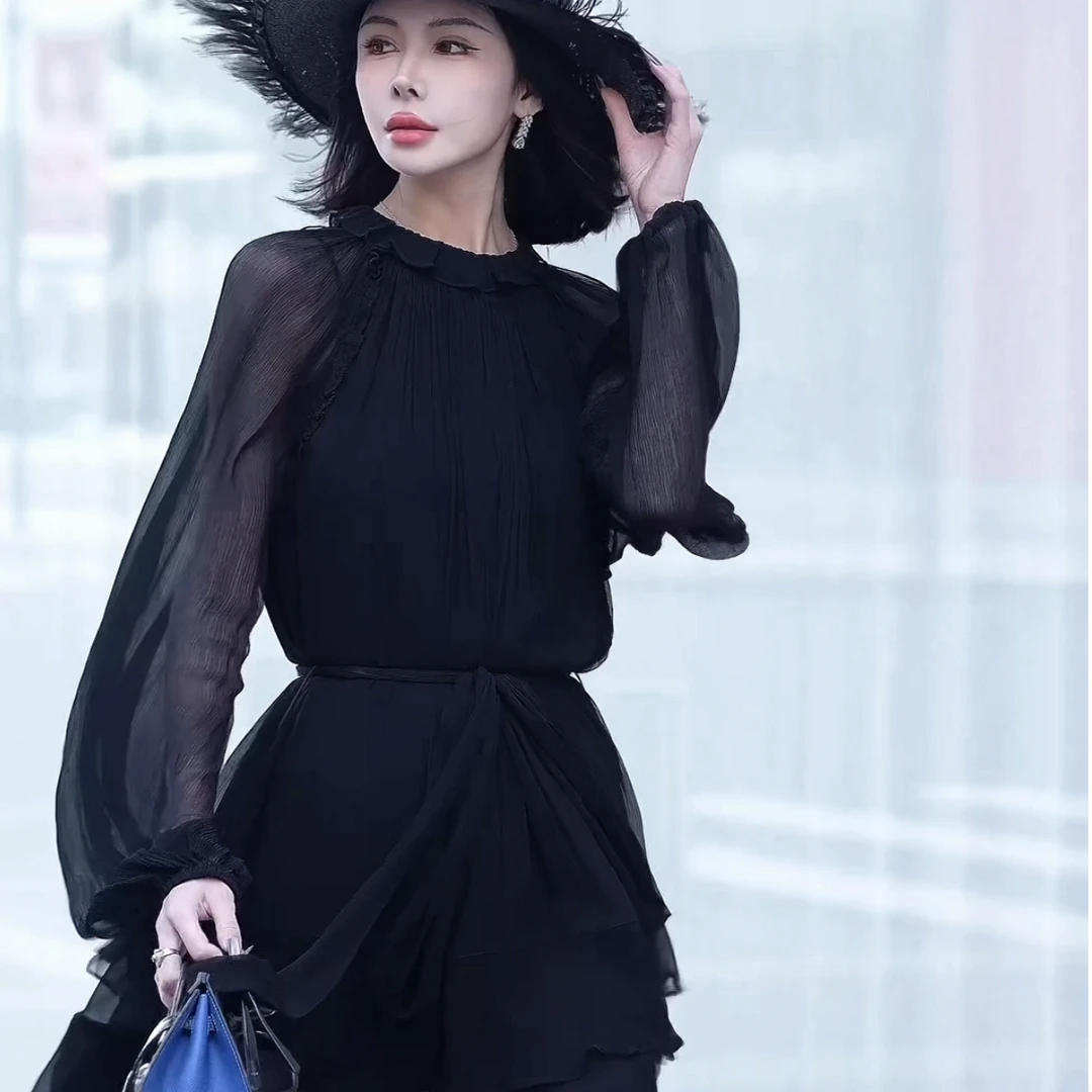 【欧宝莱尔】2025轻奢气质新款长袖柞蚕丝连衣裙305-25253