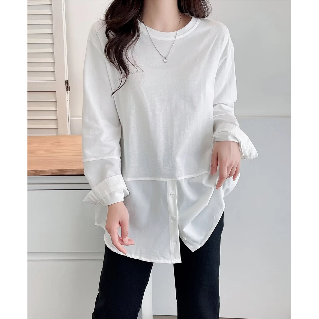 2025早春新款大码纯色拼接长袖百搭T恤宽松设计感圆领打底衫上衣