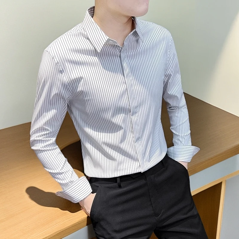 居幻条纹衬衫男士长袖2025秋季高级感痞帅男装商务高端轻奢衬衣男