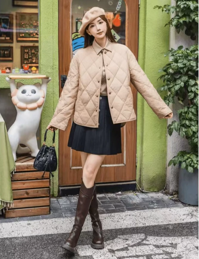 【商场同款】2025秋季新款百搭厚款棒球领菱格压边宽松棉衣外套女士