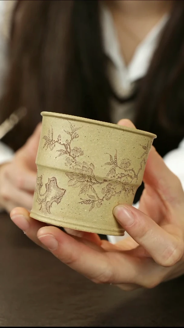 茶杯紫砂蒋文琴本山绿竹节杯刻桃花