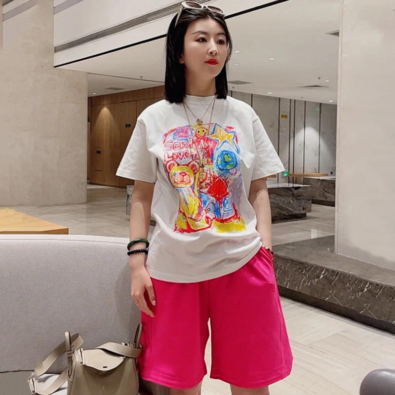 彩色小熊-时尚周美式重磅精梳棉印花短袖白恤男T恤潮流宽松圆领