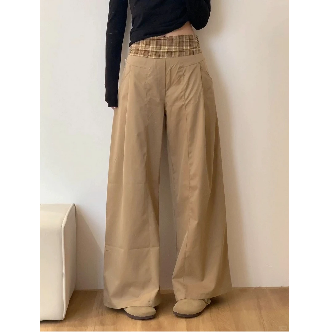 卡其色设计感高腰格子拼接阔腿休闲裤女垂感褶皱拖地裤遮胯西裤