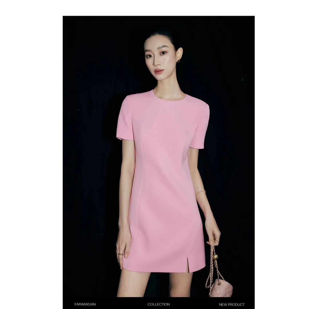 【法曼萱官方】法式粉色极简收腰浪漫短袖裙女2025年新款设计感裙子