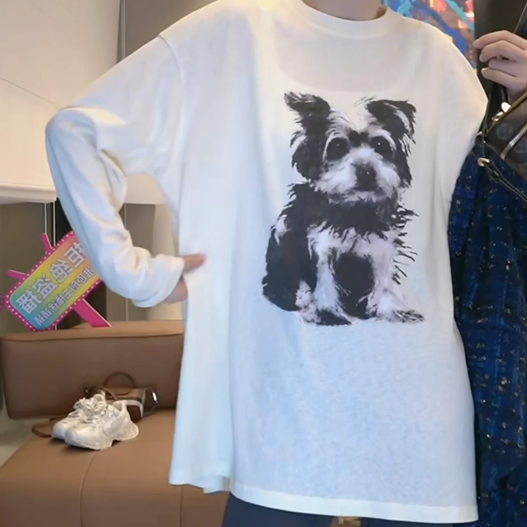 正肩显瘦长款时尚舒适洋气薄款长袖打底T恤2025春款小狗印花上衣