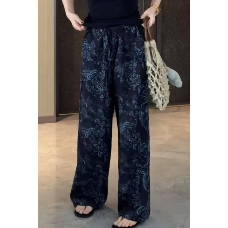 显瘦阔腿裤女夏季新款休闲裤子胖mm时尚小众设计裤子花色直筒裤