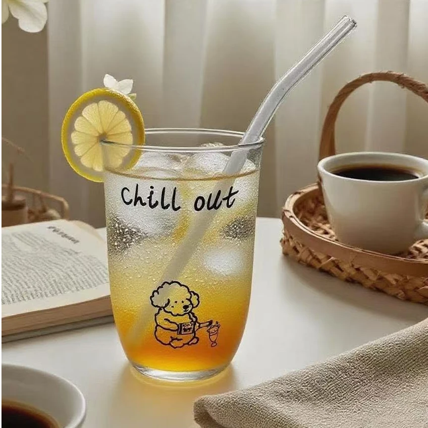 可爱胖狗玻璃杯子线条简约ins风咖啡果酒冷饮果汁气泡水杯高颜值