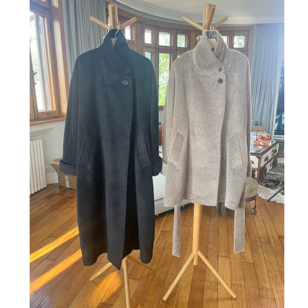 SENSE 25年  100黑色苏力可立领长款大衣外套