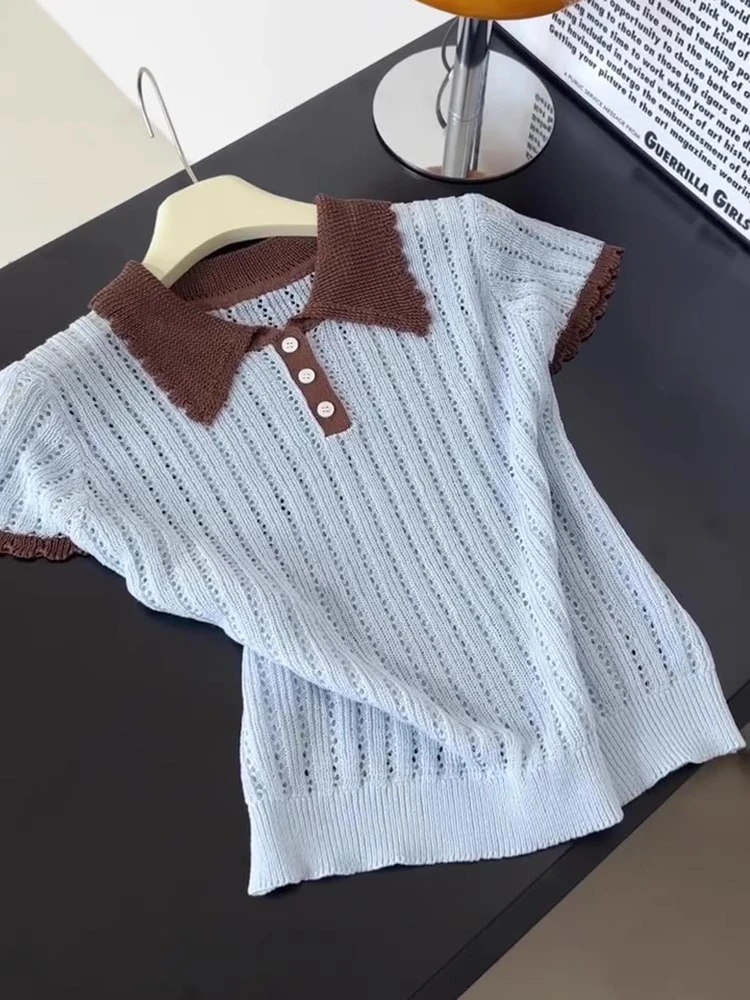 法式慵懒松弛感别致独特漂亮上衣设计感小众蓝色Polo领T恤女夏季