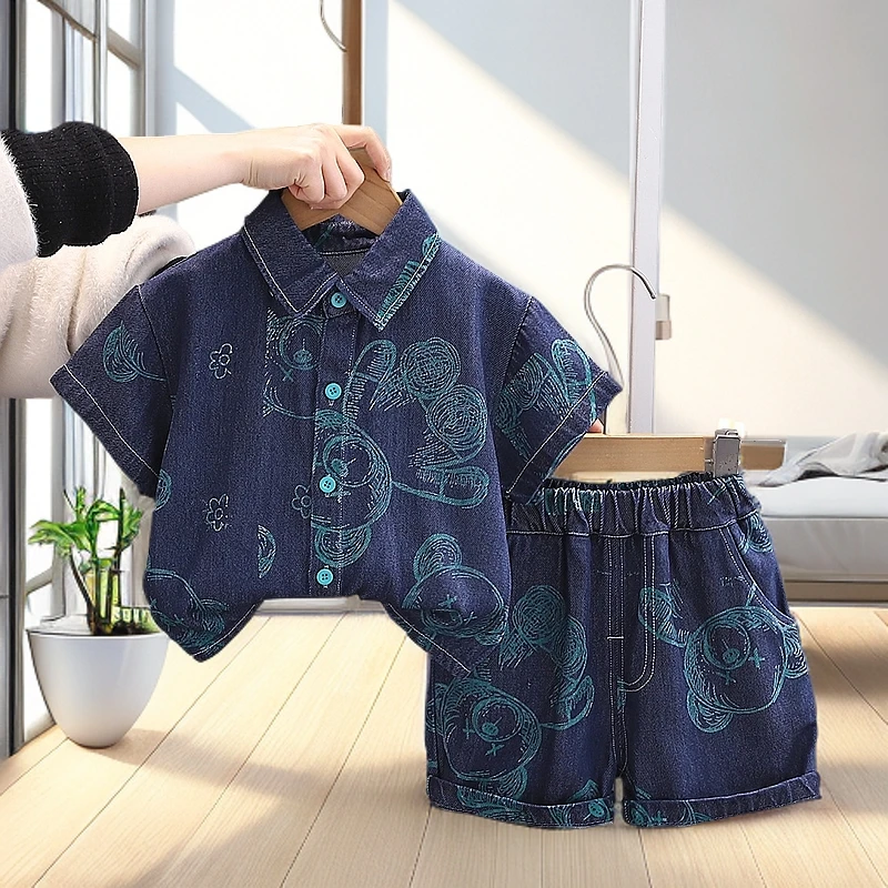 【两件套】男女宝夏季洋气翻领牛仔短袖短裤上下套高品质织里童装潮