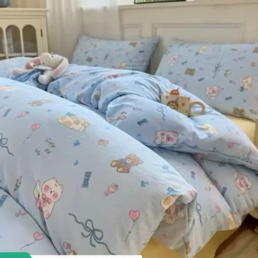 四件套【小猫时光】有氧提花双层邹邹纱柔软亲肤简单款