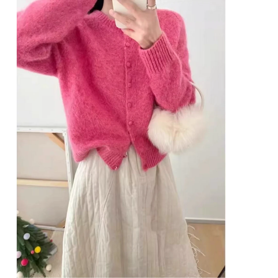 【专属】树莓粉圆领软糯设计感毛衣外套女春秋新款外套针织开衫上衣