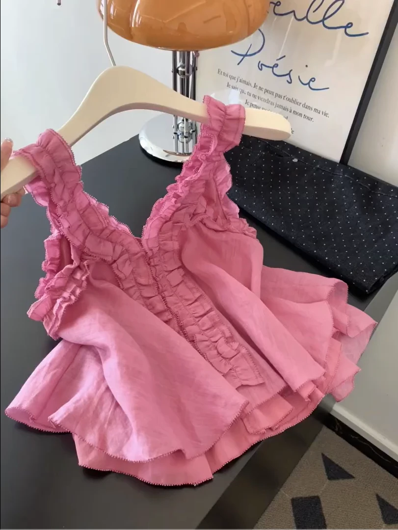 夏季新款设计感拼接木耳边V领无袖衬衫法式甜美风吊带背心女上衣