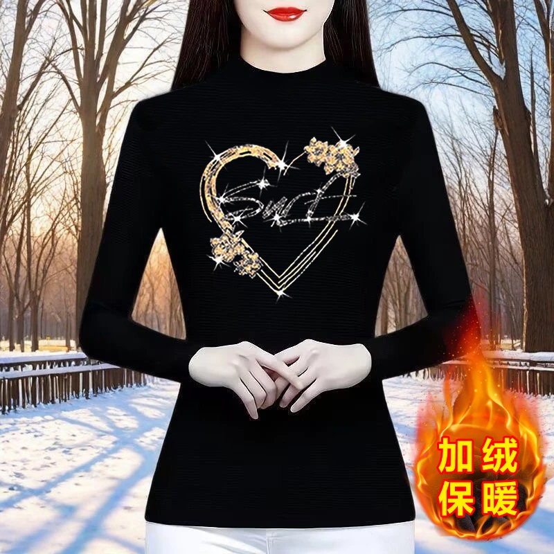 加绒保暖秋冬打底衫黑色半高领上衣大码遮肚子气质长袖减龄小衫女