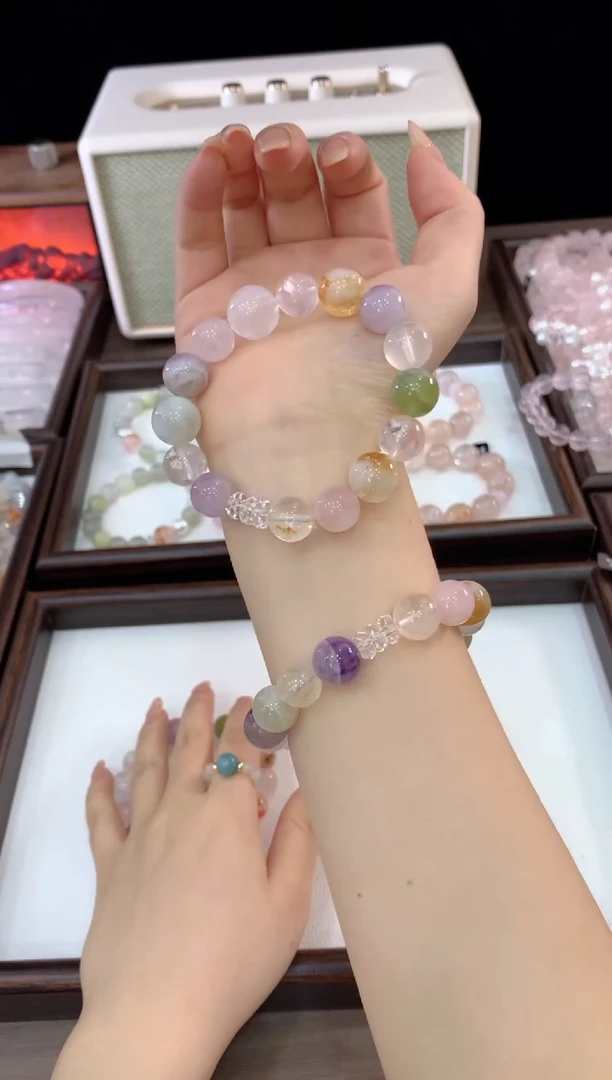 未镶嵌手链水晶桃禧 莫粉紫水岫玉胶花隔片多宝