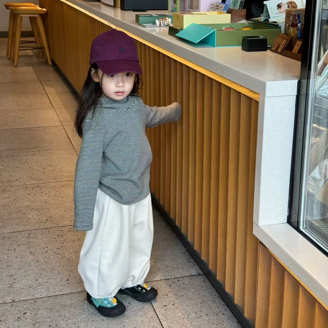 壹妈韩版萌娃穿搭童装女童套装秋季新款洋气黑色条纹连帽上衣长裤