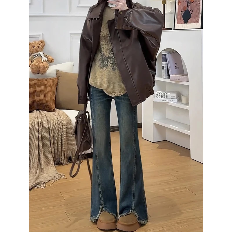 复古开叉毛边微喇牛仔裤女早春新款微胖大码腿粗弹力显瘦拖地长裤