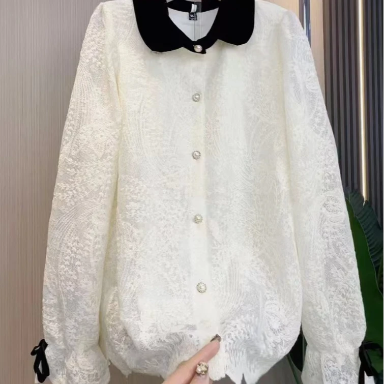 2025春季新款时尚百搭珍珠纽扣设计别致宽松显瘦洋气上衣（衣长66）