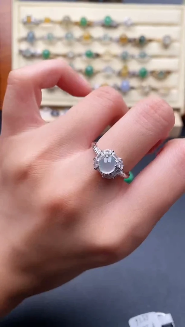 翡翠戒指银S925镶嵌天然翡翠A货88888  5-