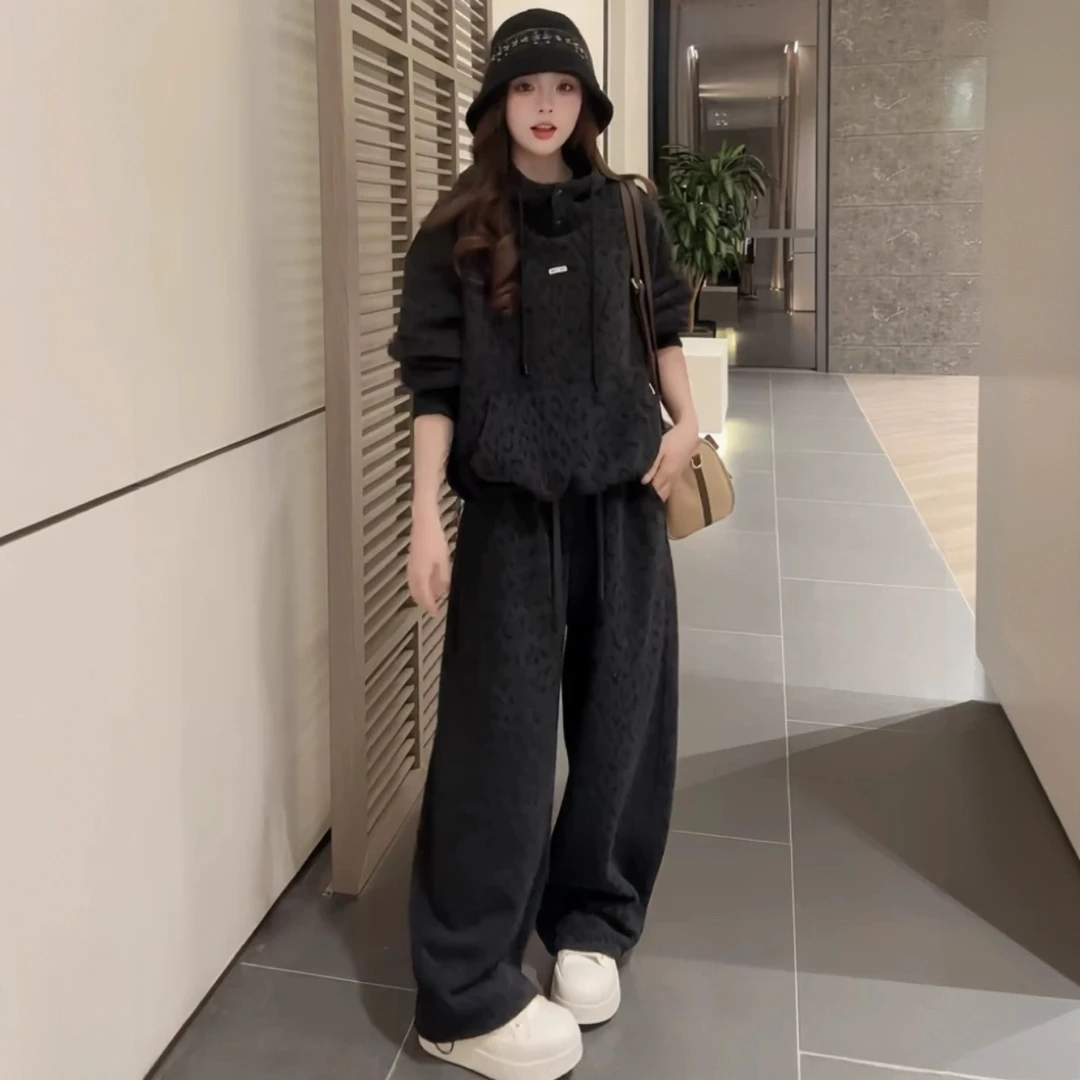 2025气质显瘦通勤风加厚豹纹加绒连帽卫衣休闲阔腿裤两件套