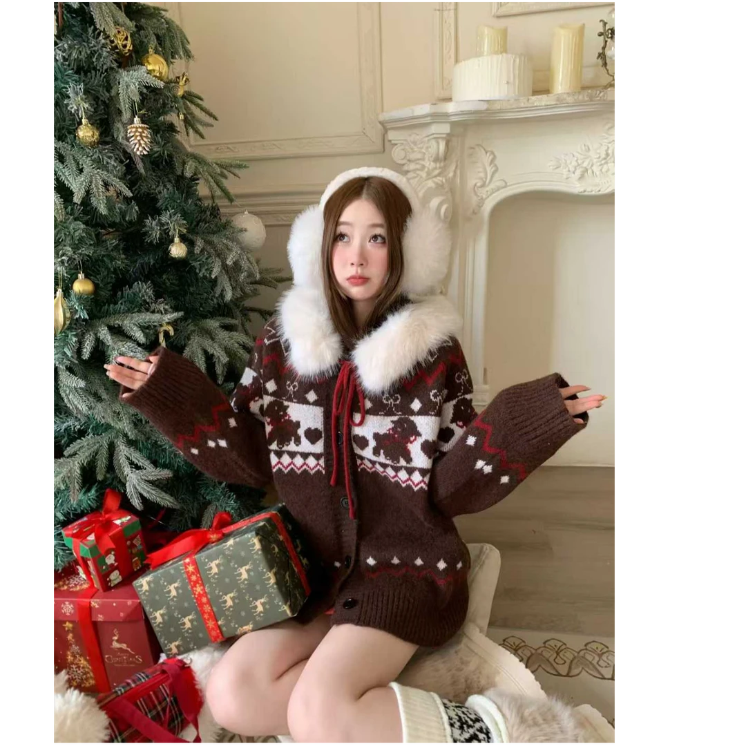 慵懒风费尔岛毛衣上衣外套女秋冬季毛领连帽针织开衫毛衣宽松加厚