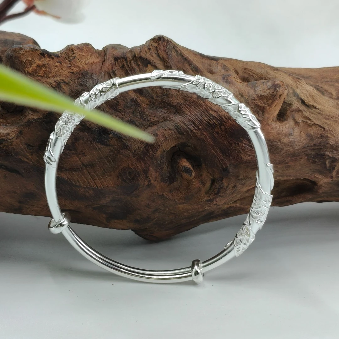 足银手镯   [半亩银田]足银【繁花似锦手镯】推拉 实心素款时尚轻奢