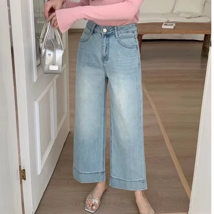 欧货浅蓝色显瘦九分直筒裤高腰女牛仔裤