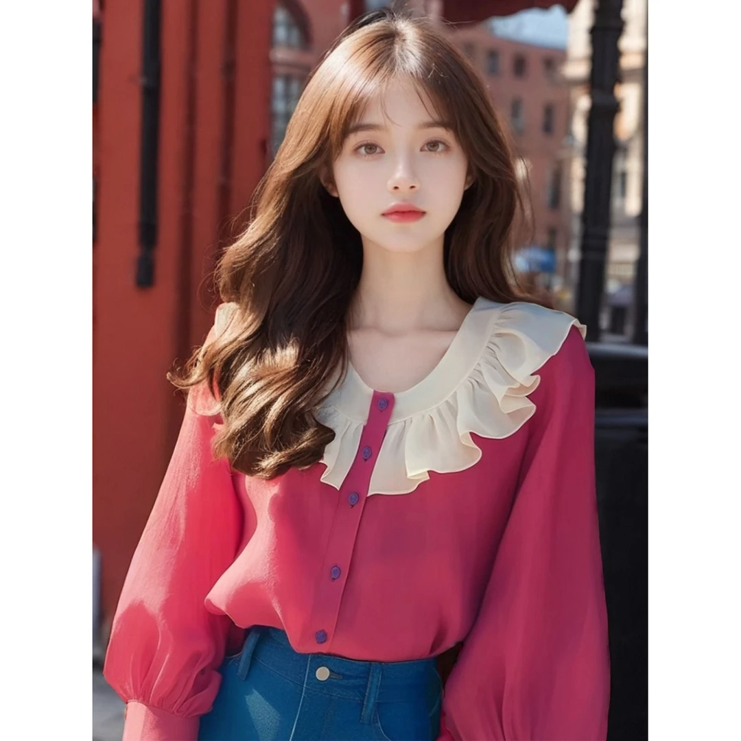 荷叶领温柔风上衣女2024早秋新款法式独特减龄雪纺荷叶边衬衫7509